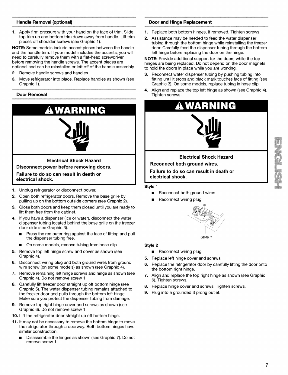 Handle removal (optional), Door and hinge replacement, Door removal | Warning, Awarning | Kenmore 2220698 User Manual | Page 7 / 23