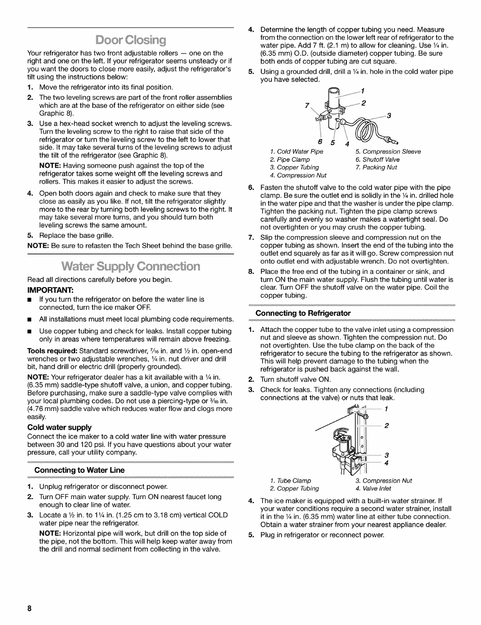 Important, Cold water supply, Connecting to water line | Connecting to refrigerator | Kenmore 2220698 User Manual | Page 8 / 23