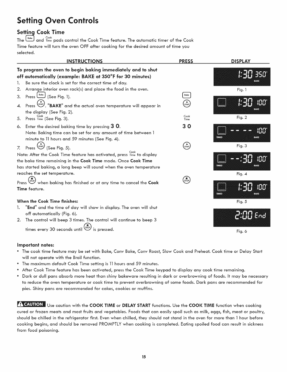 Setting cook time, When the cook time finishes, C-uu tncj | Important notes, Setting oven controls, P - n n r, Display, U jd | Kenmore 790.4809 User Manual | Page 15 / 36