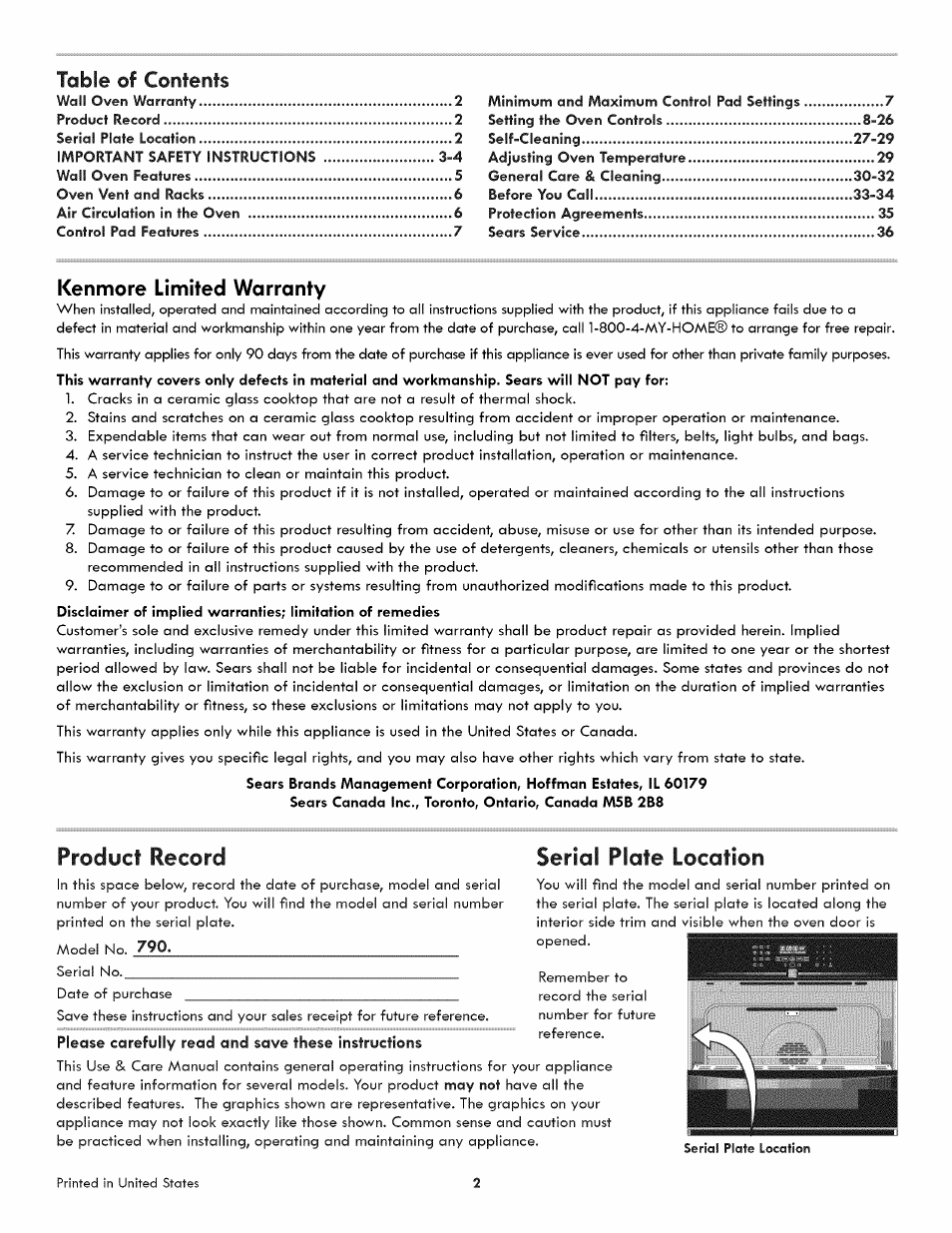 Product record, Serial plate location, Tobie ©f contents | Kenmore limited warranty | Kenmore 790.4809 User Manual | Page 2 / 36