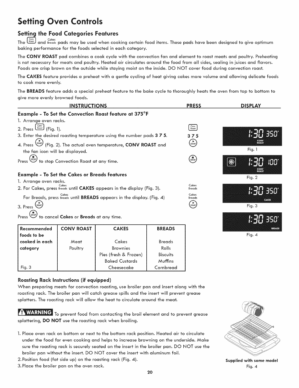 Setting the food categories features, Example - to set the cakes or breads features, Roasting rack instructions (if equipped) | Setting oven controls | Kenmore 790.4809 User Manual | Page 20 / 36