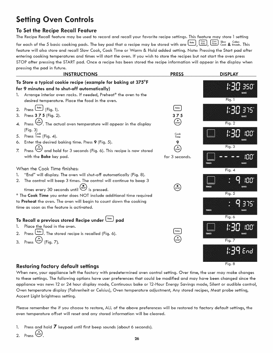 To set the recipe recall feature, Lon orrv hju jju, To recall a previous stored recipe under e3 pad | Restoring factory default settings, Setting oven controls, H j u | Kenmore 790.4809 User Manual | Page 26 / 36