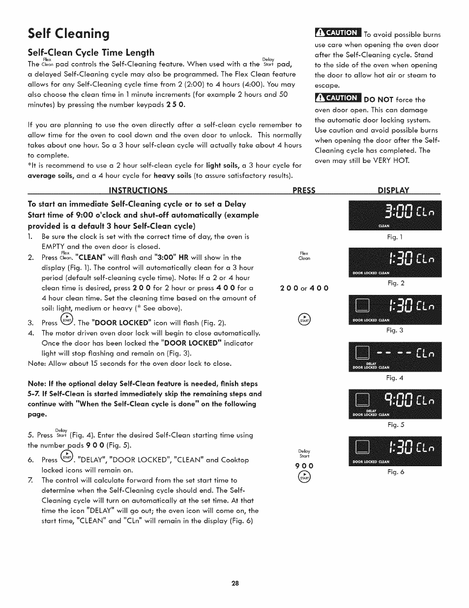 Self-clean cycle time length, J-uu <-ln, Lon n „ l-ju <-ln | Uu »-ln, On n „ l-ju *-<-n, Seif cleaning, D-nn r, Nn n, Ik caution | Kenmore 790.4809 User Manual | Page 28 / 36