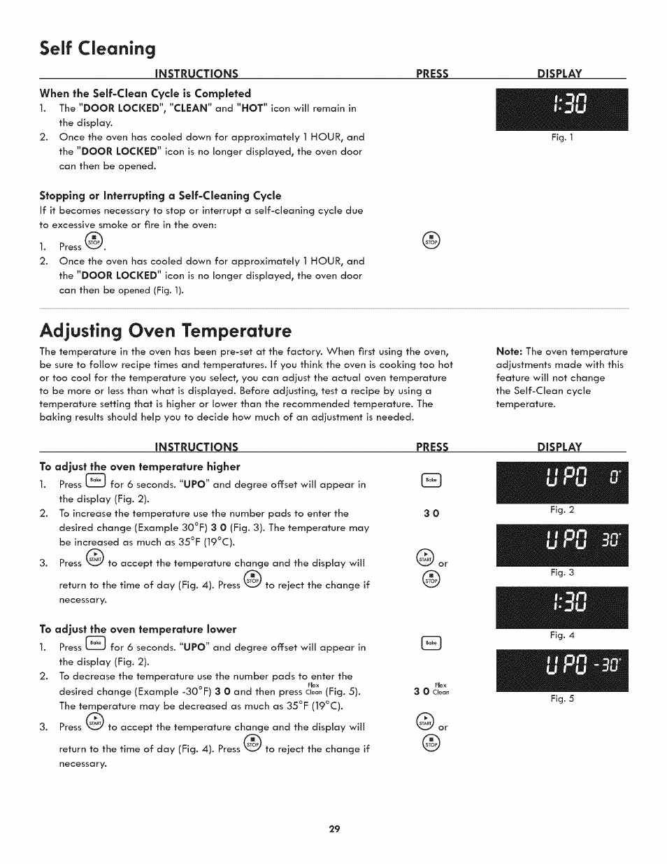 Stopping or interrupting a self-cleaning cycle, Instructions, Press | Display, To adjust the oven temperature lower, Seif cleaning, Adjusting oven temperature, Instructions press display | Kenmore 790.4809 User Manual | Page 29 / 36