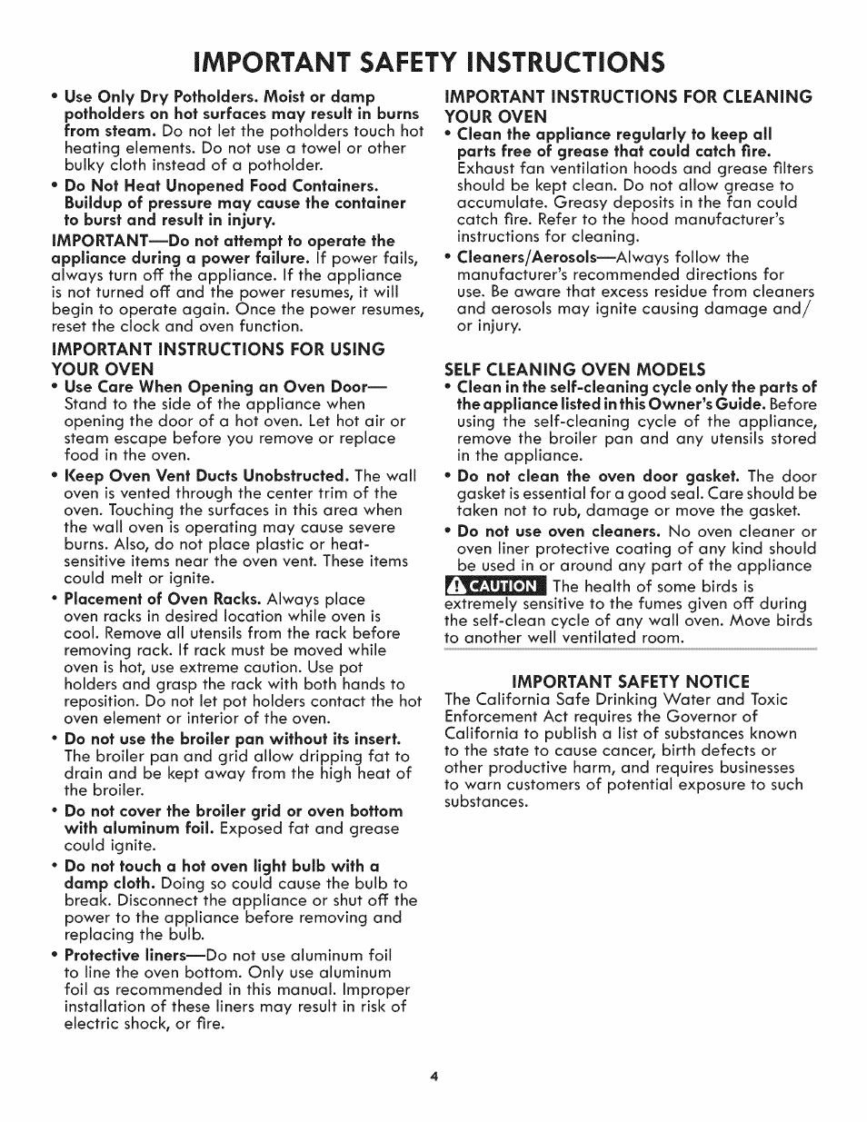 Important instructions for using your oven, Important instructions for cleaning your oven, Self cleaning oven models | Important safety notice, Important safety instructions | Kenmore 790.4809 User Manual | Page 4 / 36