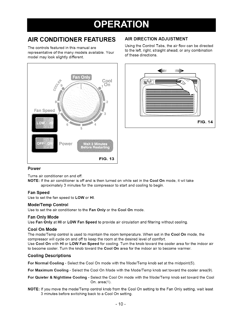 Air conditioner features, Operation | Kenmore 580.75050 User Manual | Page 10 / 28