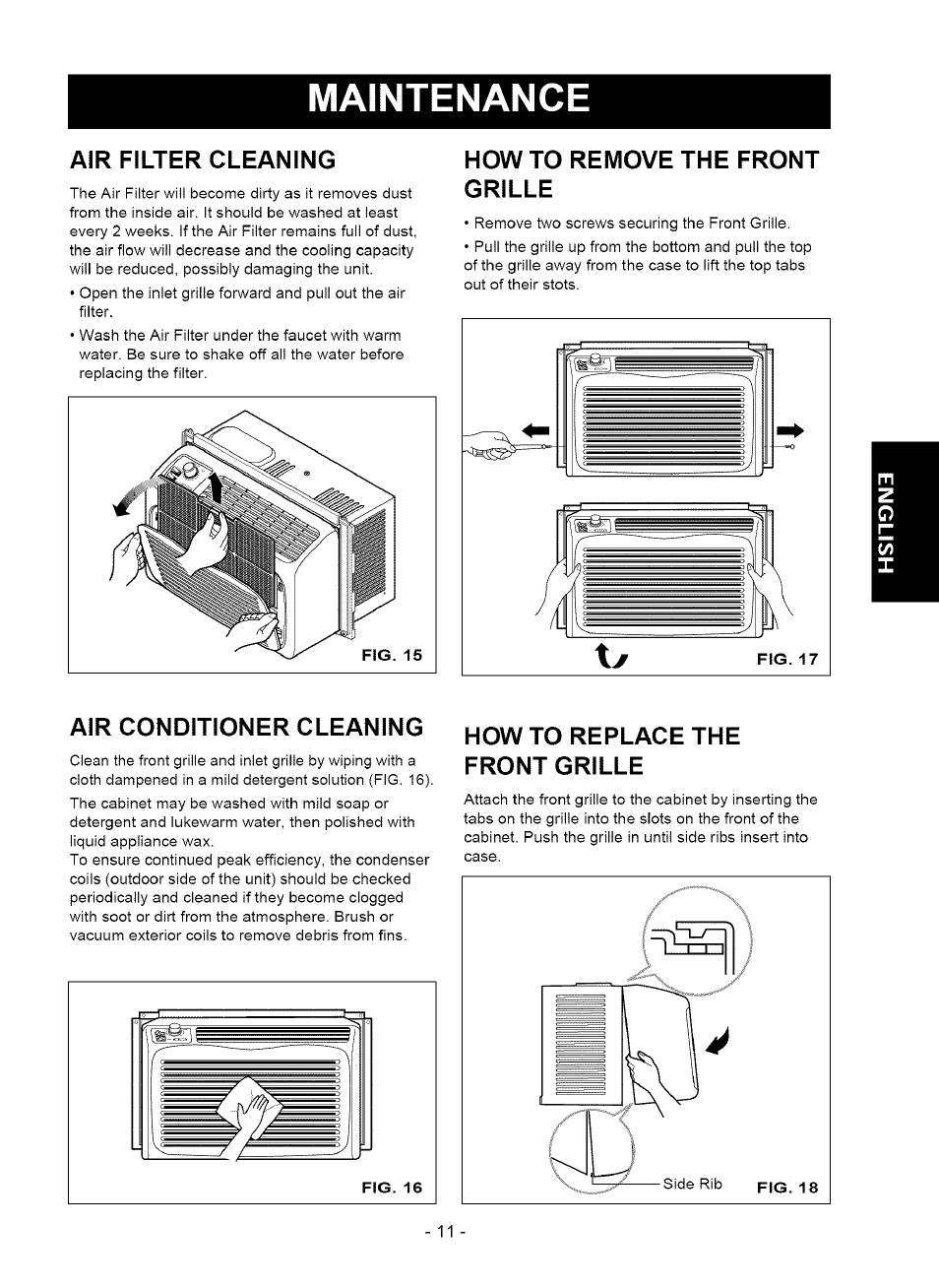 Air filter cleaning, How to remove the front grille, Air conditioner cleaning | How to replace the front grille, Maintenance | Kenmore 580.75050 User Manual | Page 11 / 28