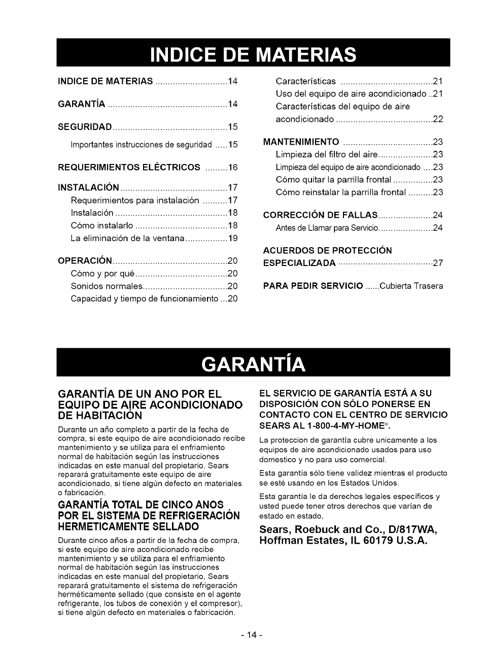 Indice de materias, Garantia | Kenmore 580.75050 User Manual | Page 14 / 28