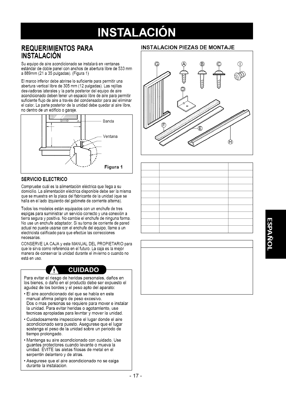 Requerimientos para instalación, Cuidado, Instalacion | Kenmore 580.75050 User Manual | Page 17 / 28