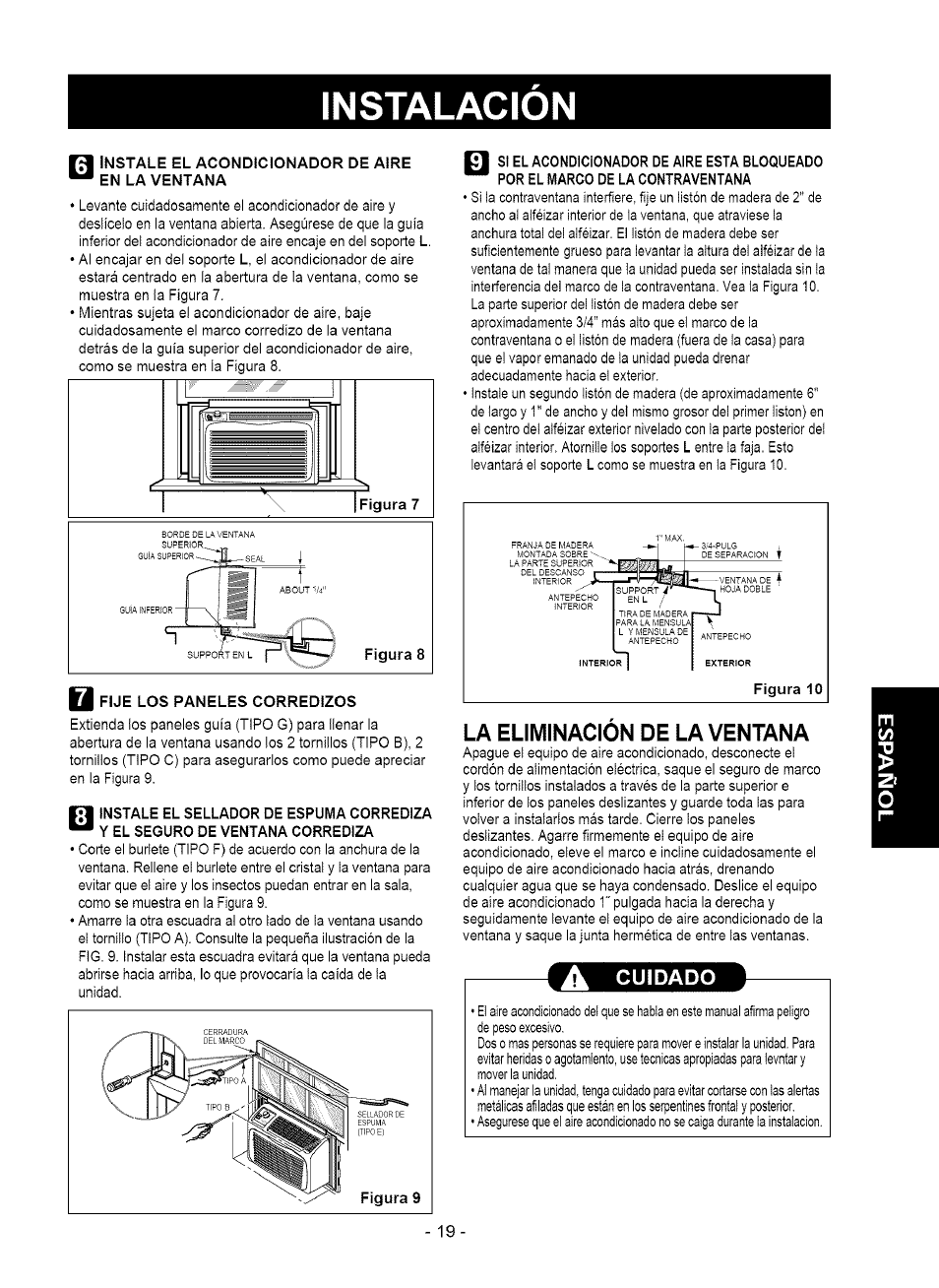 La eliminacion de la ventana, La eliminación de la ventana, Instalacion | Cuidado | Kenmore 580.75050 User Manual | Page 19 / 28