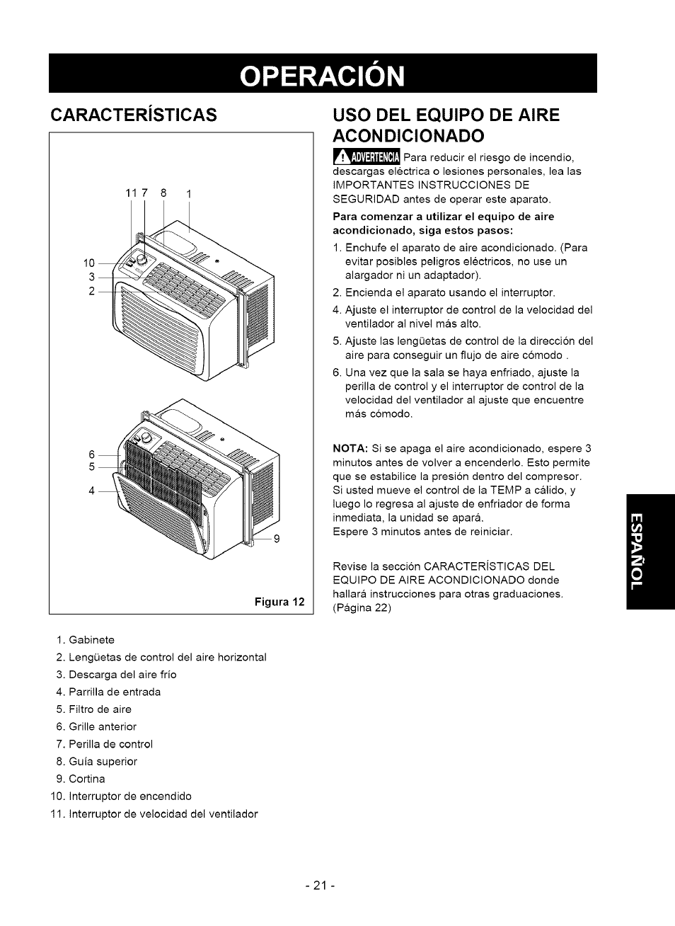 Uso del equipo de aire acondicionado, Operacion | Kenmore 580.75050 User Manual | Page 21 / 28