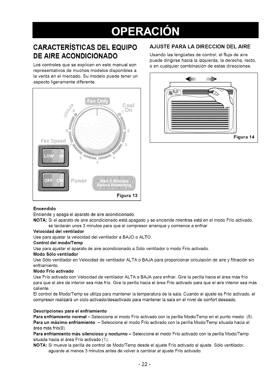 Caracteristicas del equipo de aire acondicionado, Operacion | Kenmore 580.75050 User Manual | Page 22 / 28