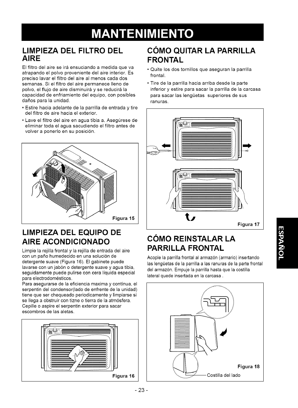 Limpieza del filtro del aire, Limpieza del equipo de aire acondicionado, Como quitar la parrilla frontal | Como reinstalar la parrilla frontal, Cómo quitar la parrilla frontal, Cómo reinstalar la parrilla frontal, Mantenimiento | Kenmore 580.75050 User Manual | Page 23 / 28