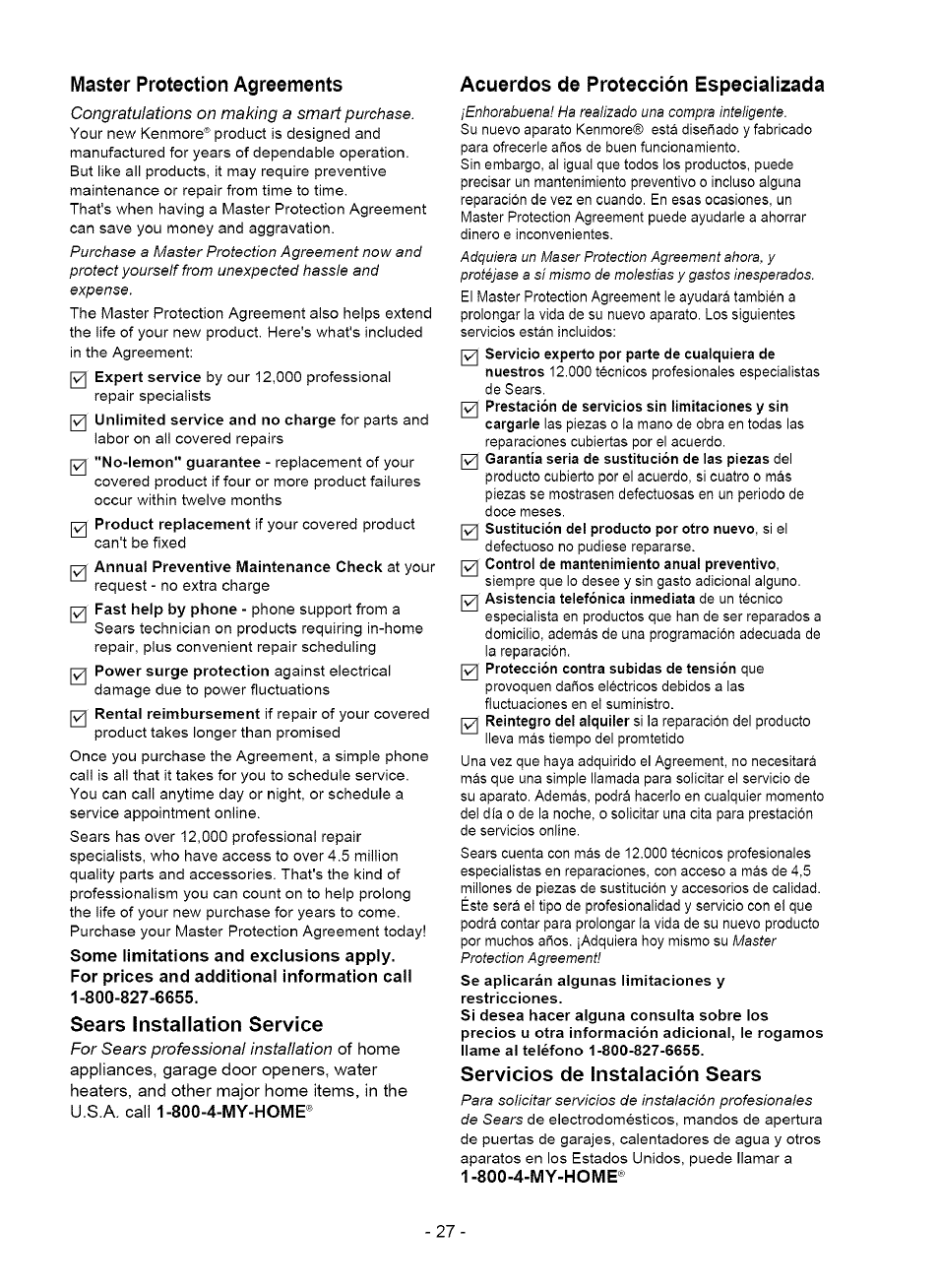 Master protection agreements, Sears installation service, Acuerdos de protección especializada | Servicios de instalación sears, Master protection, Agreements, Acuerdos de protección, Especializada | Kenmore 580.75050 User Manual | Page 27 / 28