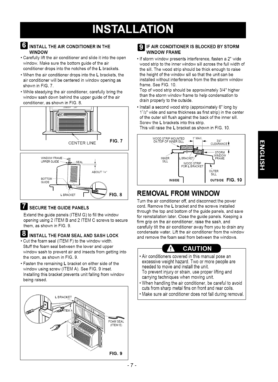 Removal from window, A caution, Installation | Kenmore 580.75050 User Manual | Page 7 / 28