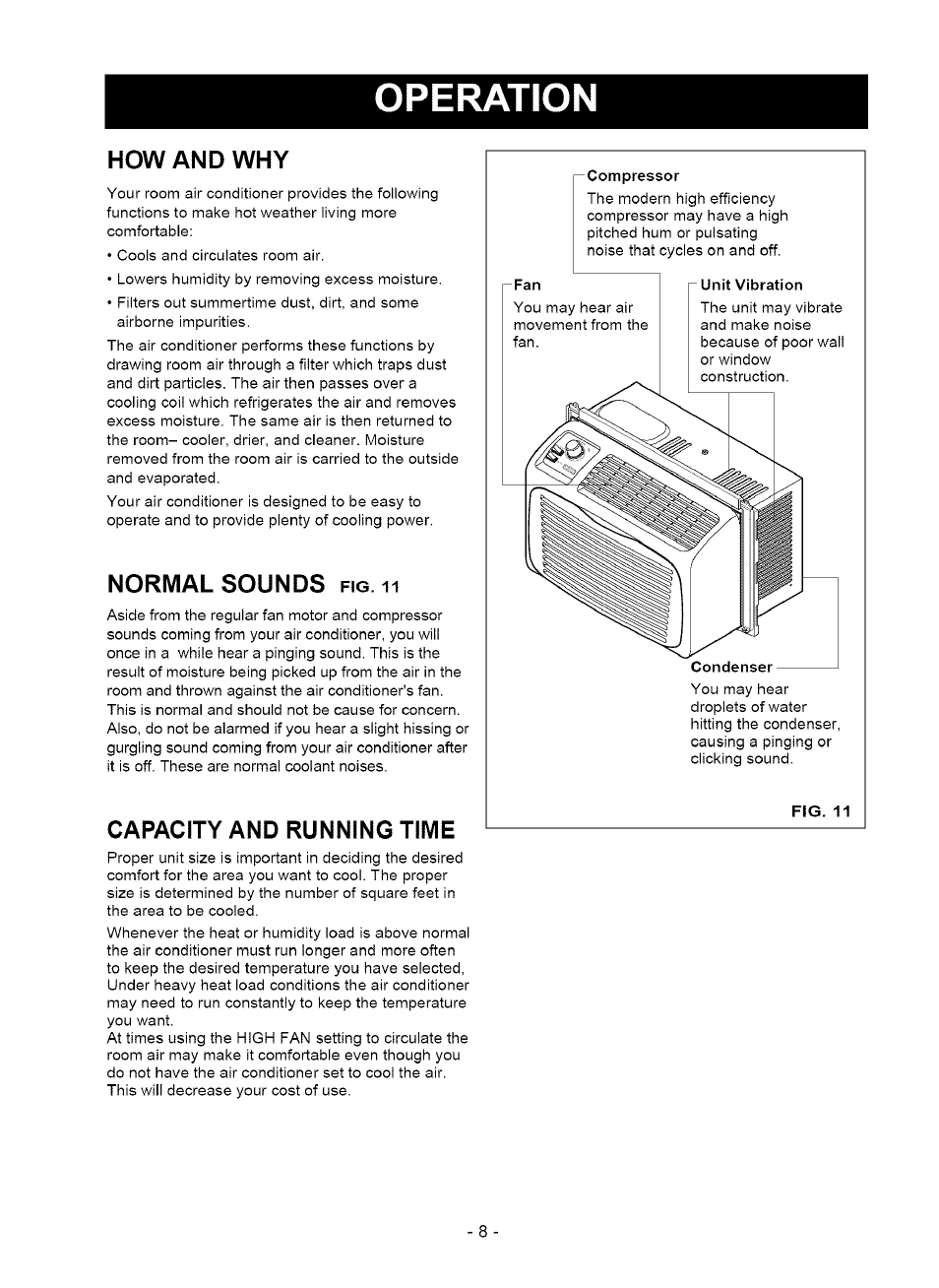 How and why, Normal sounds fig, Capacity and running time | Normal sounds, Operation | Kenmore 580.75050 User Manual | Page 8 / 28