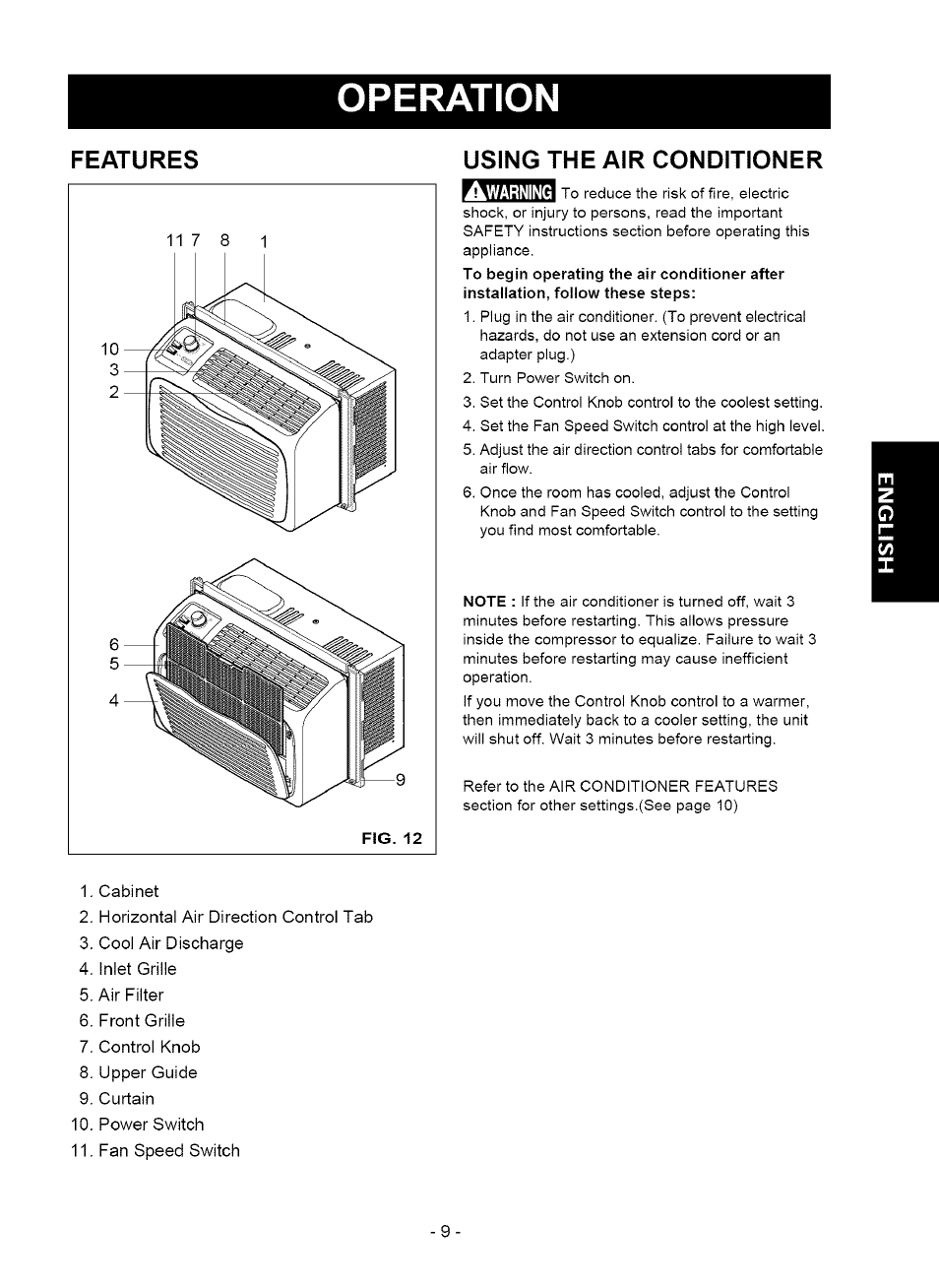 Features, Using the air conditioner, Operation | Kenmore 580.75050 User Manual | Page 9 / 28