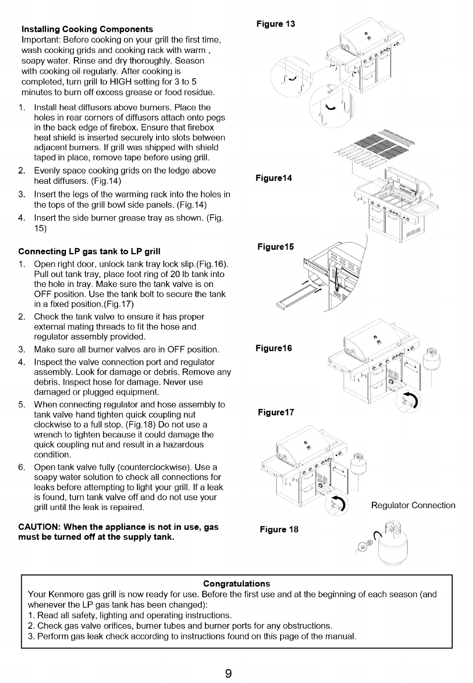 Installing cooking components, Connecting lp gas tank to lp grill, Caution: when the appliance is not in use, gas | Figure 13, Figuréis, Figurel, Figure 18, Congratulations | Kenmore 122.166489 User Manual | Page 10 / 19