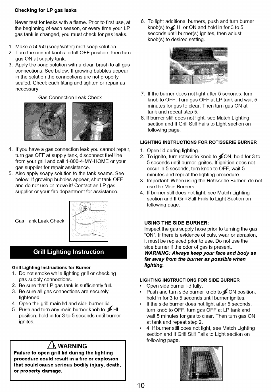 Grill lighting instruction, Using the side burner, Warning | Kenmore 122.166489 User Manual | Page 11 / 19