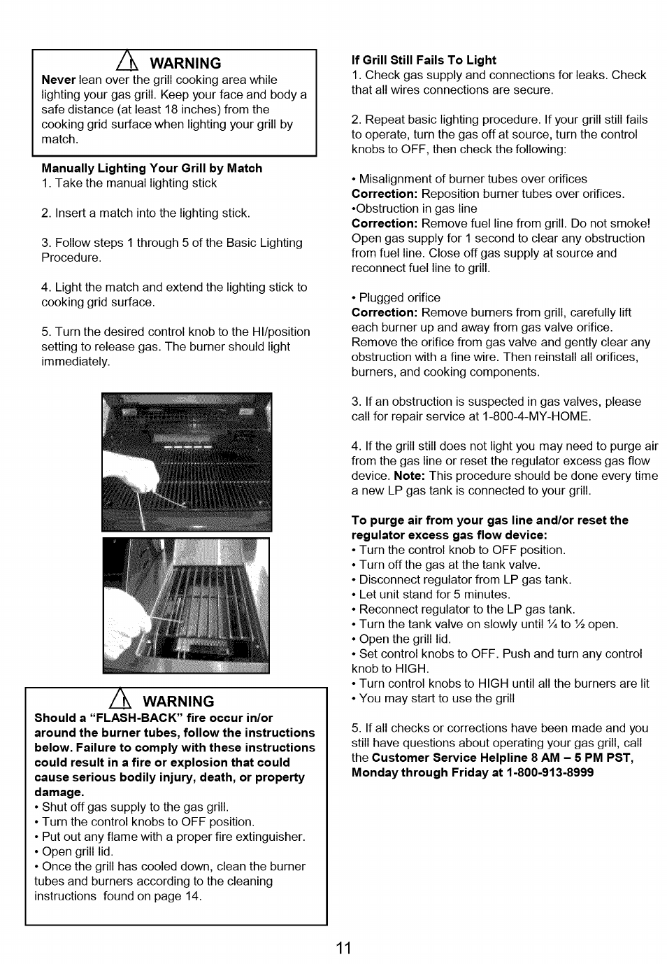 Manually lighting your grill by match, If grill still fails to light | Kenmore 122.166489 User Manual | Page 12 / 19