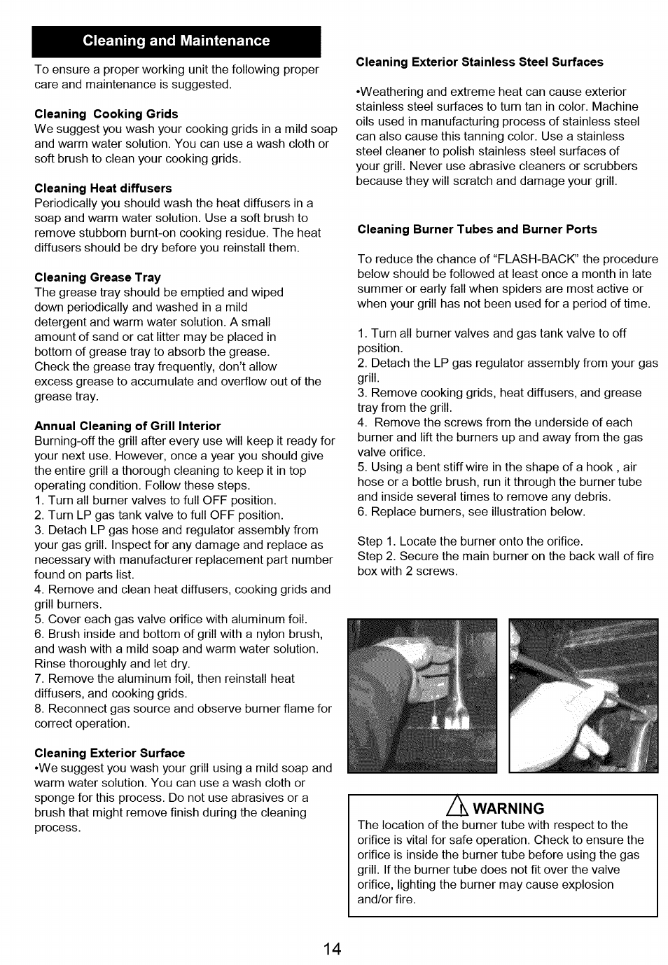 Cleaning and maintenance, Cleaning cooking grids, Cleaning heat diffusers | Cleaning grease tray, Annual cleaning of grill interior, Cleaning exterior surface, Cleaning burner tubes and burner ports, Warning | Kenmore 122.166489 User Manual | Page 15 / 19