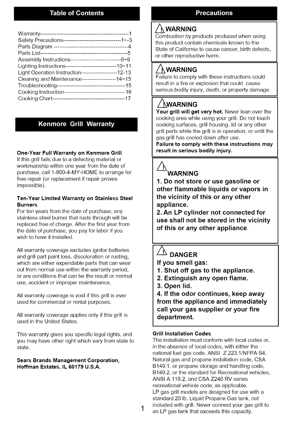 Kenmore grill warranty, One-year full warranty on kenmore grill, Grill installation codes | Kenmore 122.166489 User Manual | Page 2 / 19