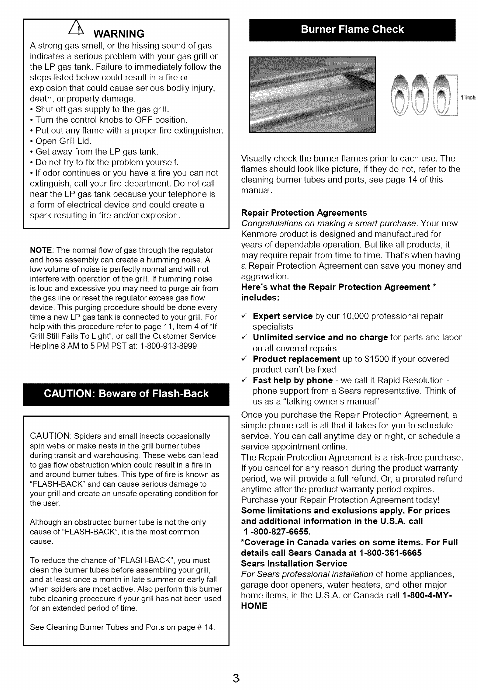 Warning, Caution: beware of flash-back, Burner flame check | Repair protection agreements | Kenmore 122.166489 User Manual | Page 4 / 19