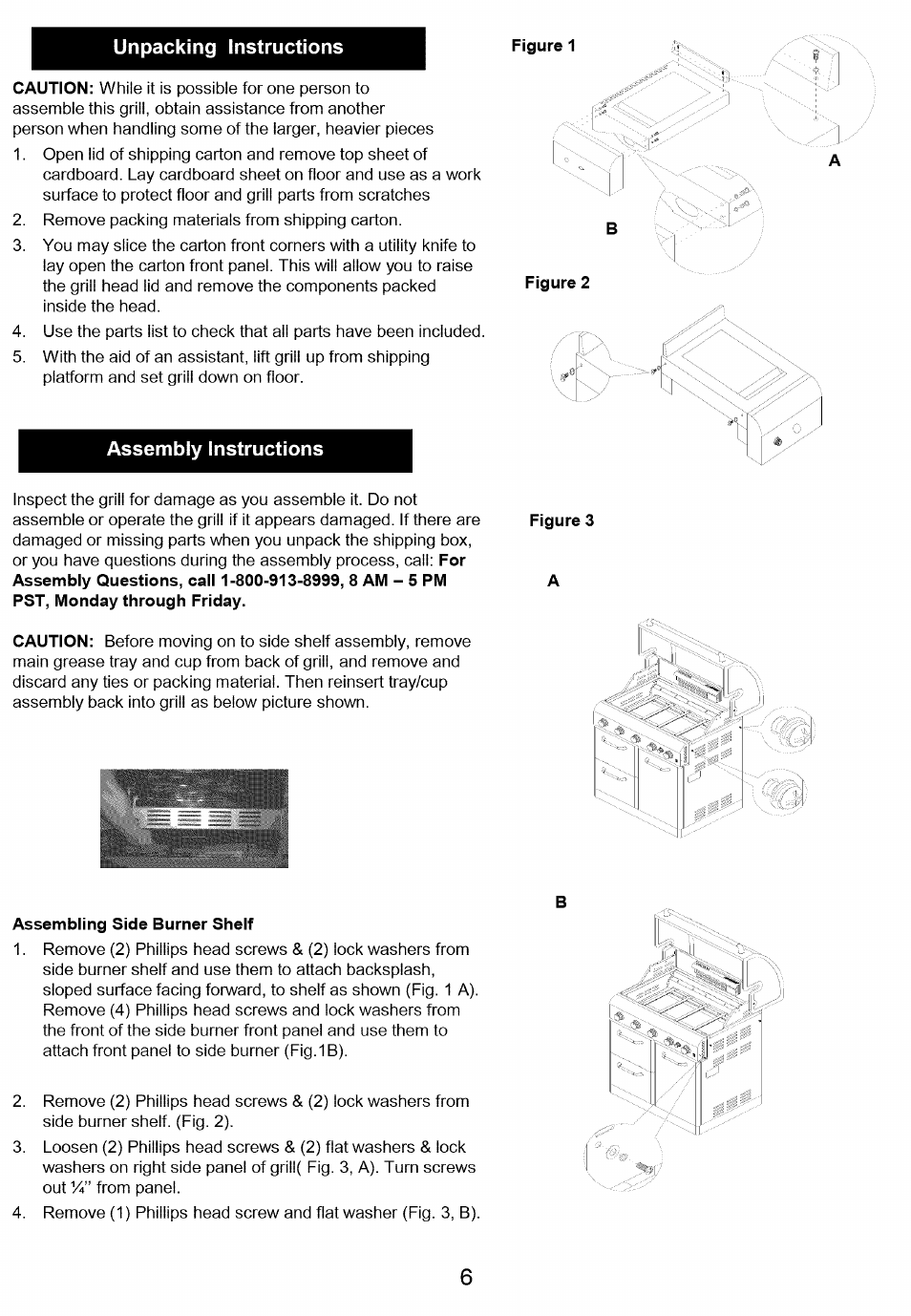 Unpacking instructions, Figure 2, Assembly instructions | Assembling side burner shelf | Kenmore 122.166489 User Manual | Page 7 / 19