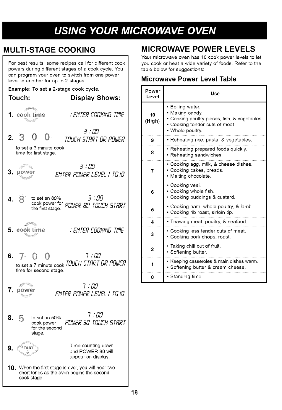 Multi-stage cooking, Touch: display shows, Microwave power levels | Microwave power level table, Using your microwave oven, Power, Cook time, Touch: display shows: 1, Chitcp pnnco f p ip f y,~f | Kenmore 721.66464 User Manual | Page 18 / 23