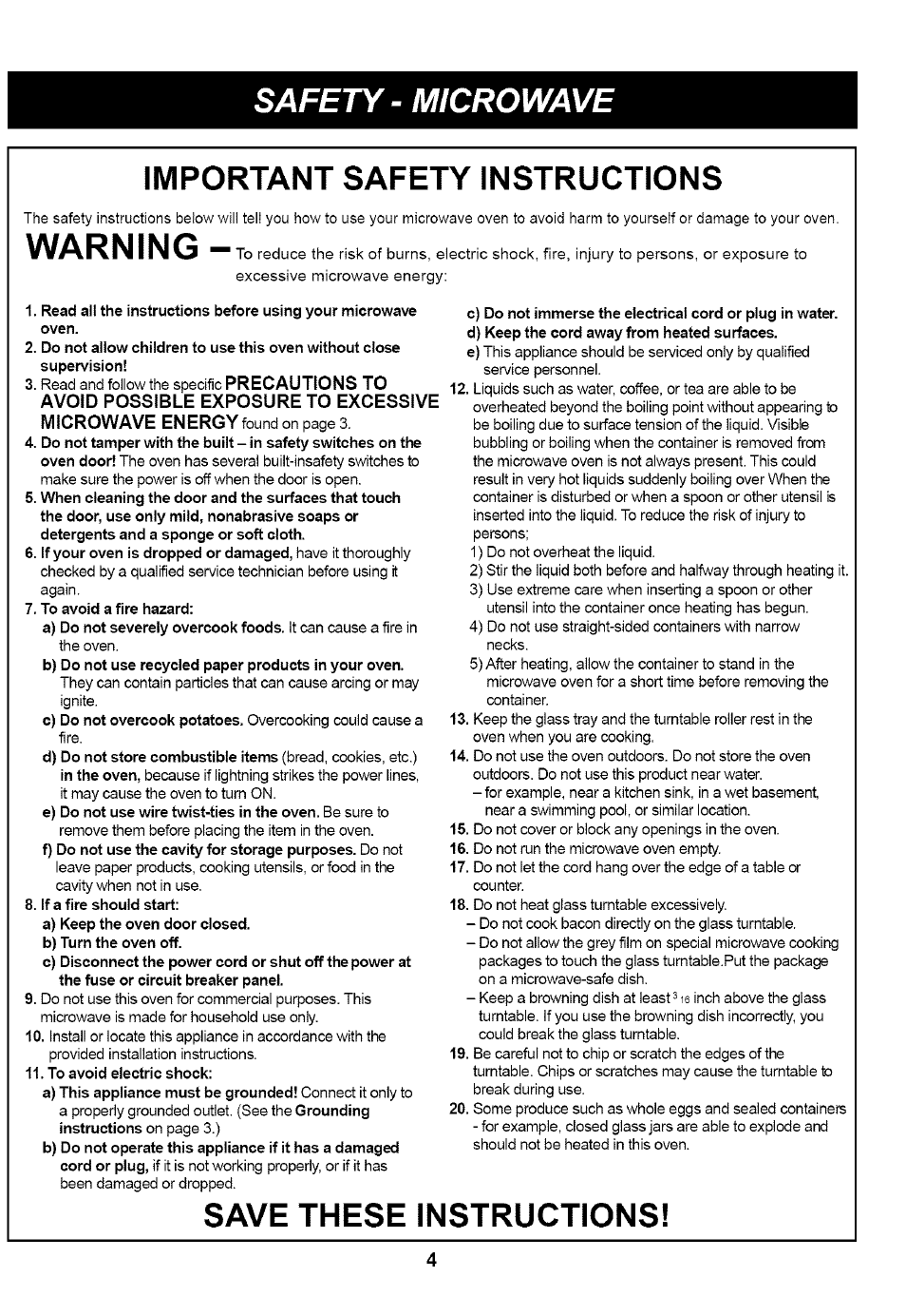 Important safety instructions, Warning, Save these instructions | Safety - microwave | Kenmore 721.66464 User Manual | Page 4 / 23