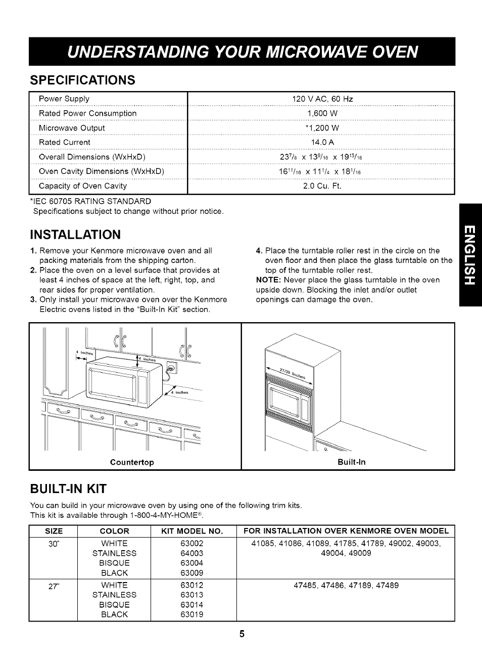 Specifications, Installation, Built-in kit | Understanding your microwave oven | Kenmore 721.66464 User Manual | Page 5 / 23