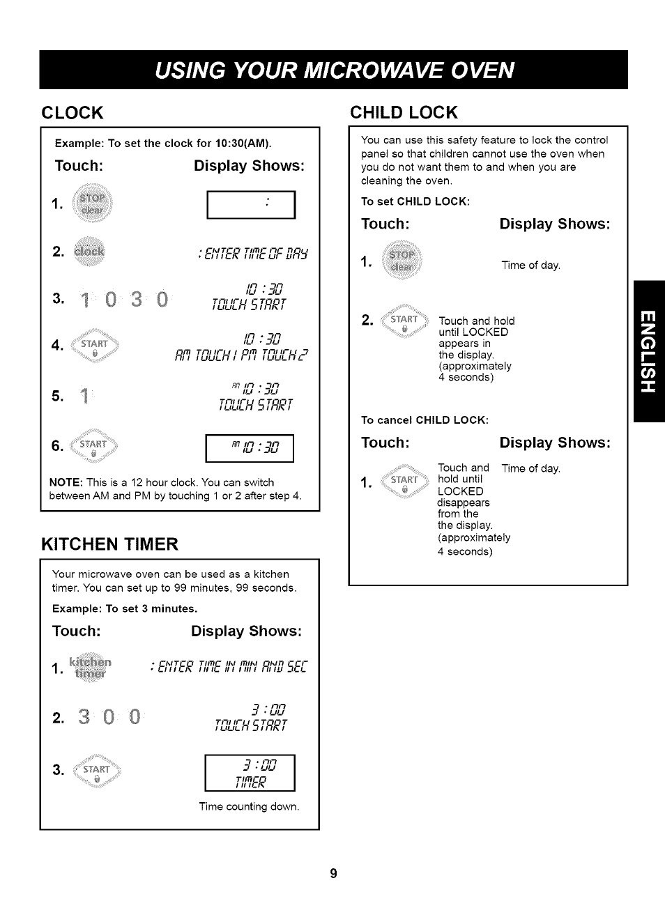 Clock, Child lock, Touch: display shows | Kitchen timer, Using your microwave oven, Clock child lock, Julilh 5 | Kenmore 721.66464 User Manual | Page 9 / 23