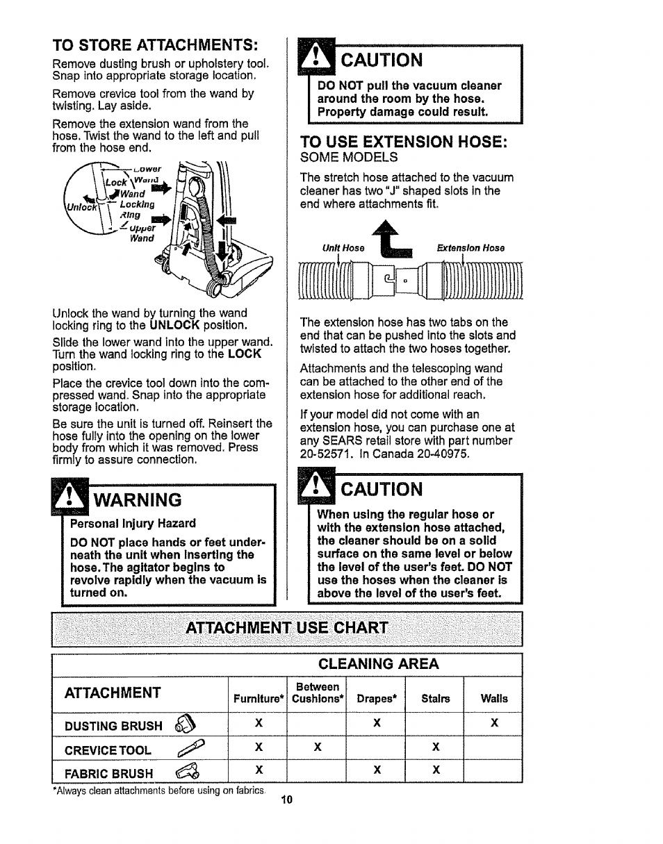 To store attachments, Warning, Caution | Some models, Cleaning area attachment | Kenmore 116.38412 User Manual | Page 10 / 46