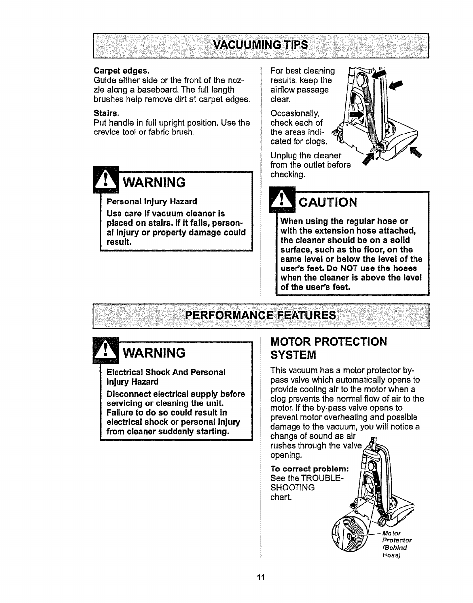 Vacuuming tips, Warning, Personal injury hazard | Caution, Performance features, Eiectricai shock and personai injury hazard, Motor protection system, Acaution | Kenmore 116.38412 User Manual | Page 11 / 46