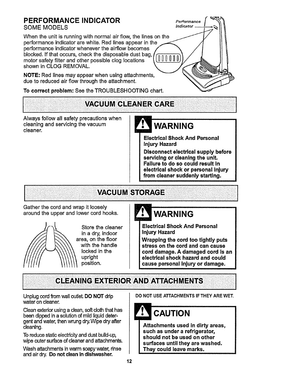 Vacuum cleaner care, Electrical shock and personal injury hazard, Warning | Cleaning exterior and attachments, Caution, Vacuum cleaner cara | Kenmore 116.38412 User Manual | Page 12 / 46