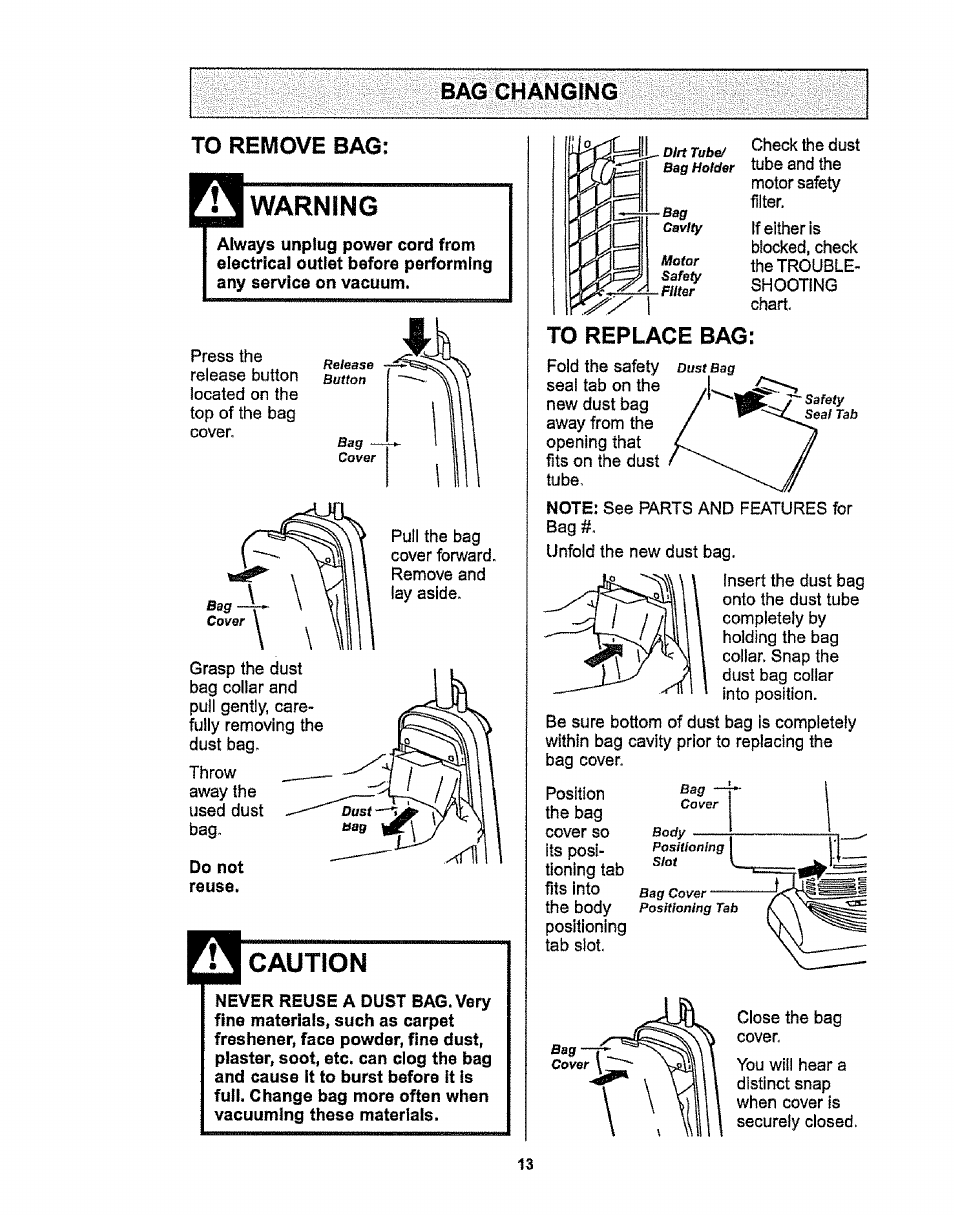 Bag changing, To remove bag, Warning | Do not, Caution, To replace bag, Bag changing to remove bag | Kenmore 116.38412 User Manual | Page 13 / 46