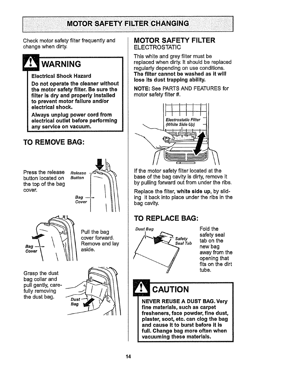 Motor safety filter changing, Electrical shock hazard, Remove bag | Motor safety filter, Electrostatic, To replace bag, Caution, Warning | Kenmore 116.38412 User Manual | Page 14 / 46