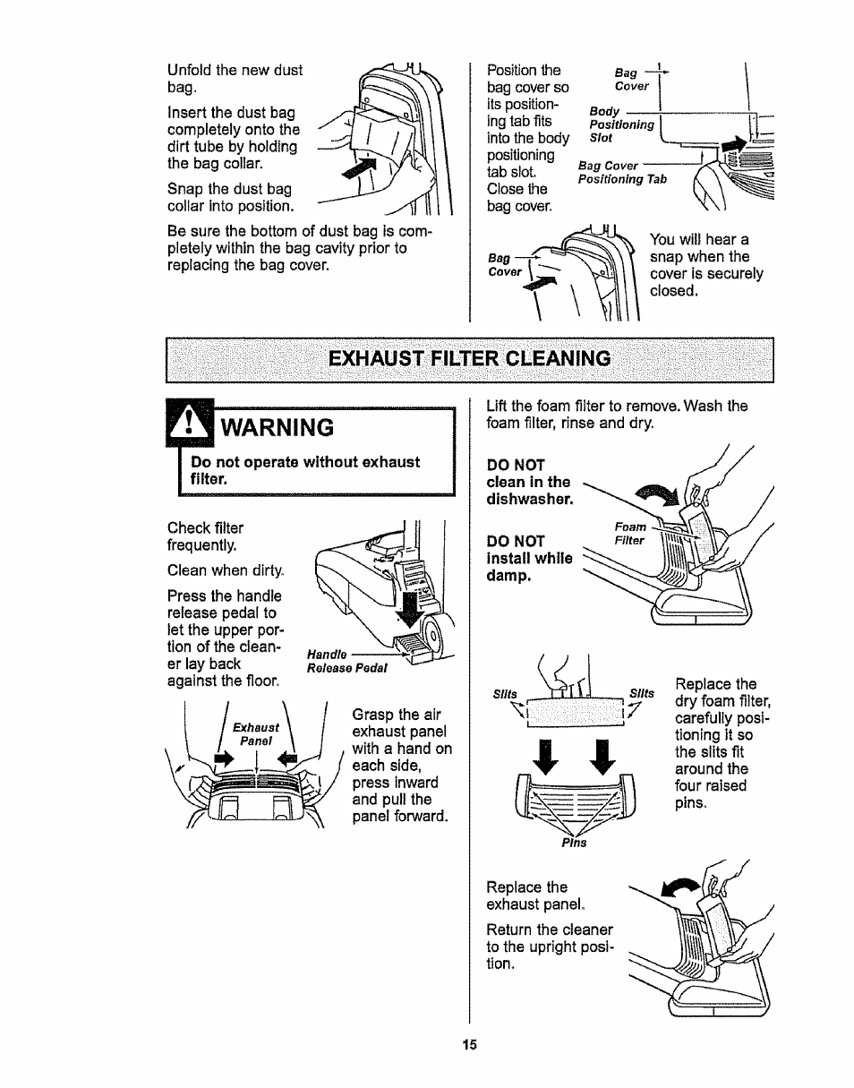 Exhaust filter cleaning, Warning | Kenmore 116.38412 User Manual | Page 15 / 46