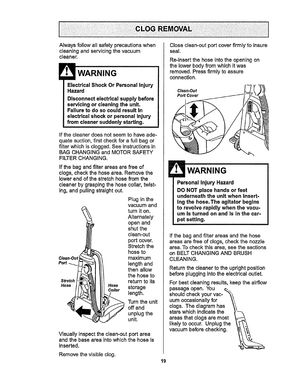 Etectrical shock or personal injury hazard, Warning, Personal injury hazard | Clog removal | Kenmore 116.38412 User Manual | Page 19 / 46