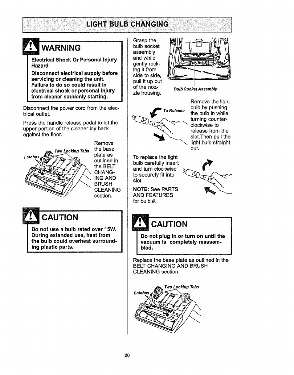 Light bulb changing, Warning, Electrical shock or personal injury hazard | Caution | Kenmore 116.38412 User Manual | Page 20 / 46