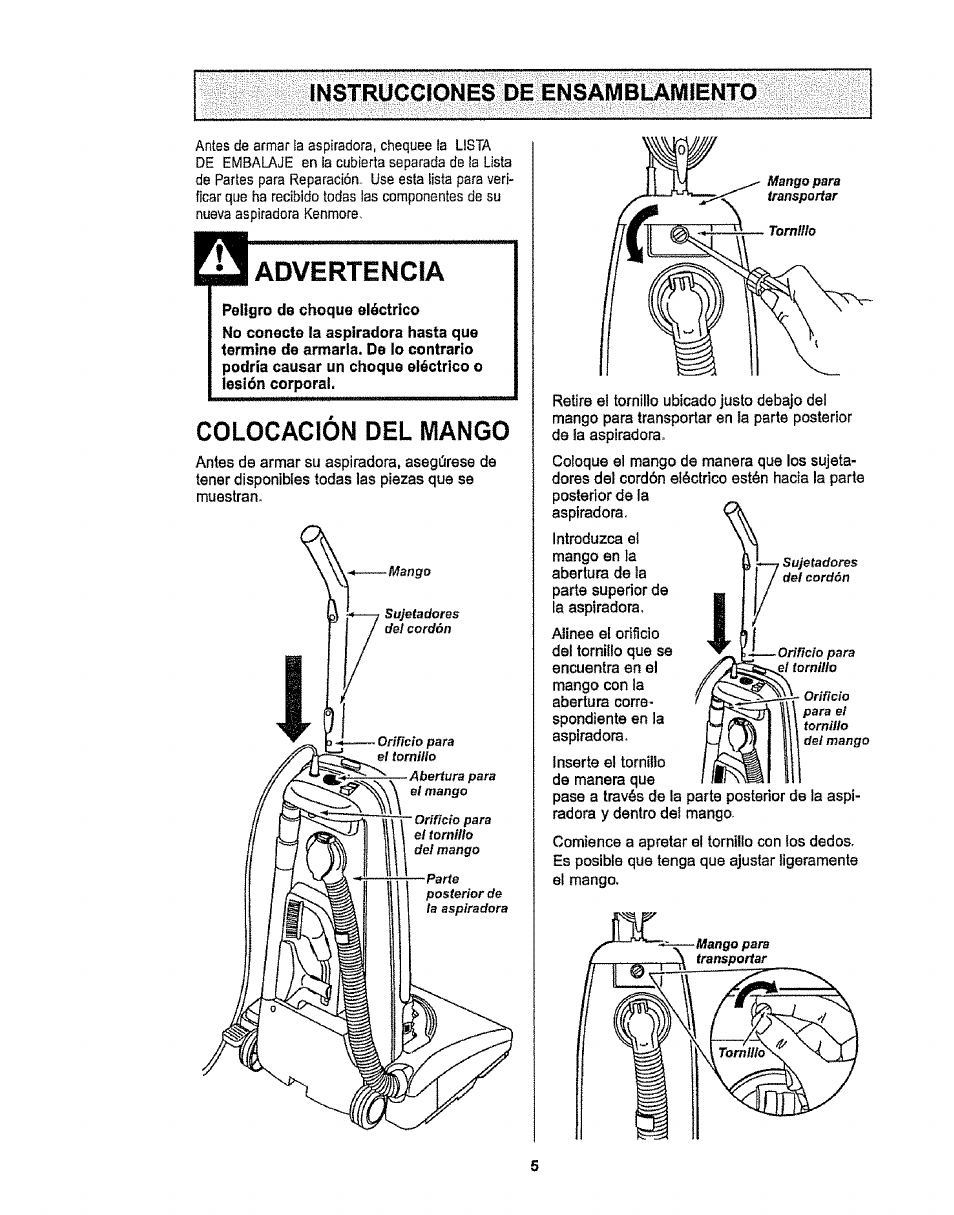 Instrucciones de ensamblaivlíento, Colocacion del mango | Kenmore 116.38412 User Manual | Page 28 / 46