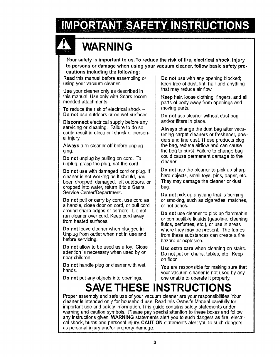 Мшшыт safety шзтшстюыз, Warning, Save these instructions | Мшшыт safety шзтшстюыз warning | Kenmore 116.38412 User Manual | Page 3 / 46