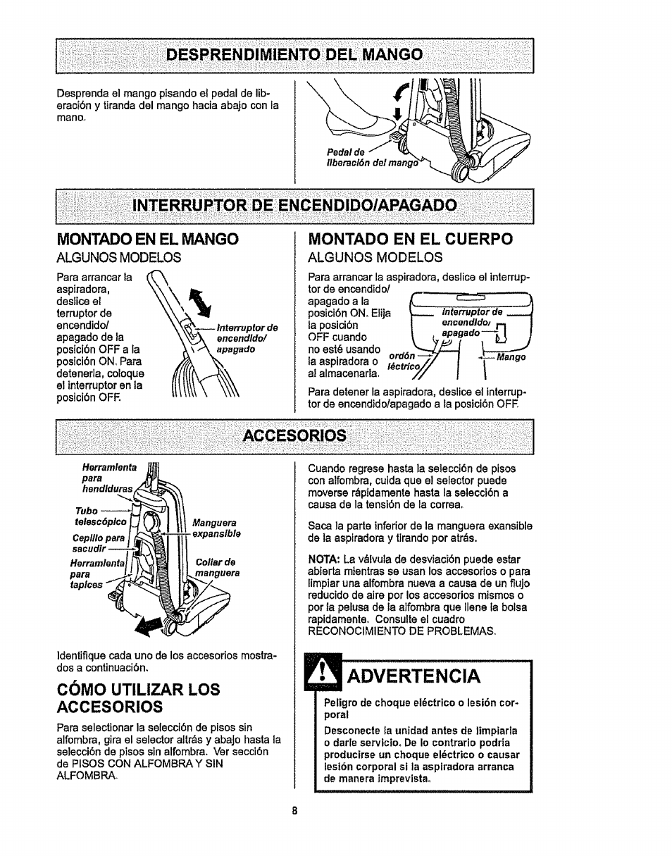 Montado en el mango, Algunos modelos, Montado en el cuerpo | Cómo utilizar los accesorios | Kenmore 116.38412 User Manual | Page 31 / 46