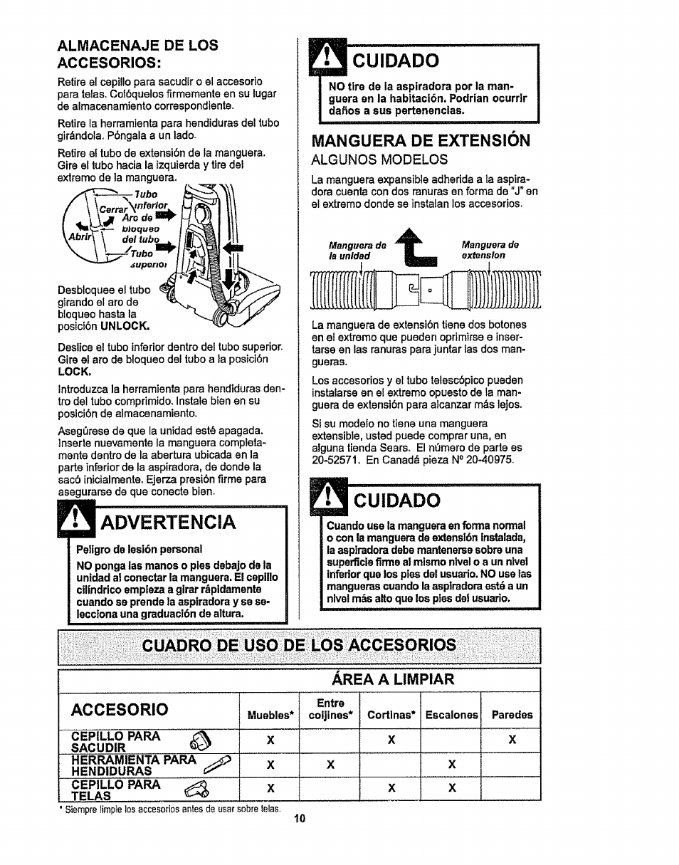 Almacenaje de los accesorios, Advertencia, Cuidado | Manguera de extensión, Algunos modelos, Cuadro de uso de los accesorios, Accesorio | Kenmore 116.38412 User Manual | Page 33 / 46