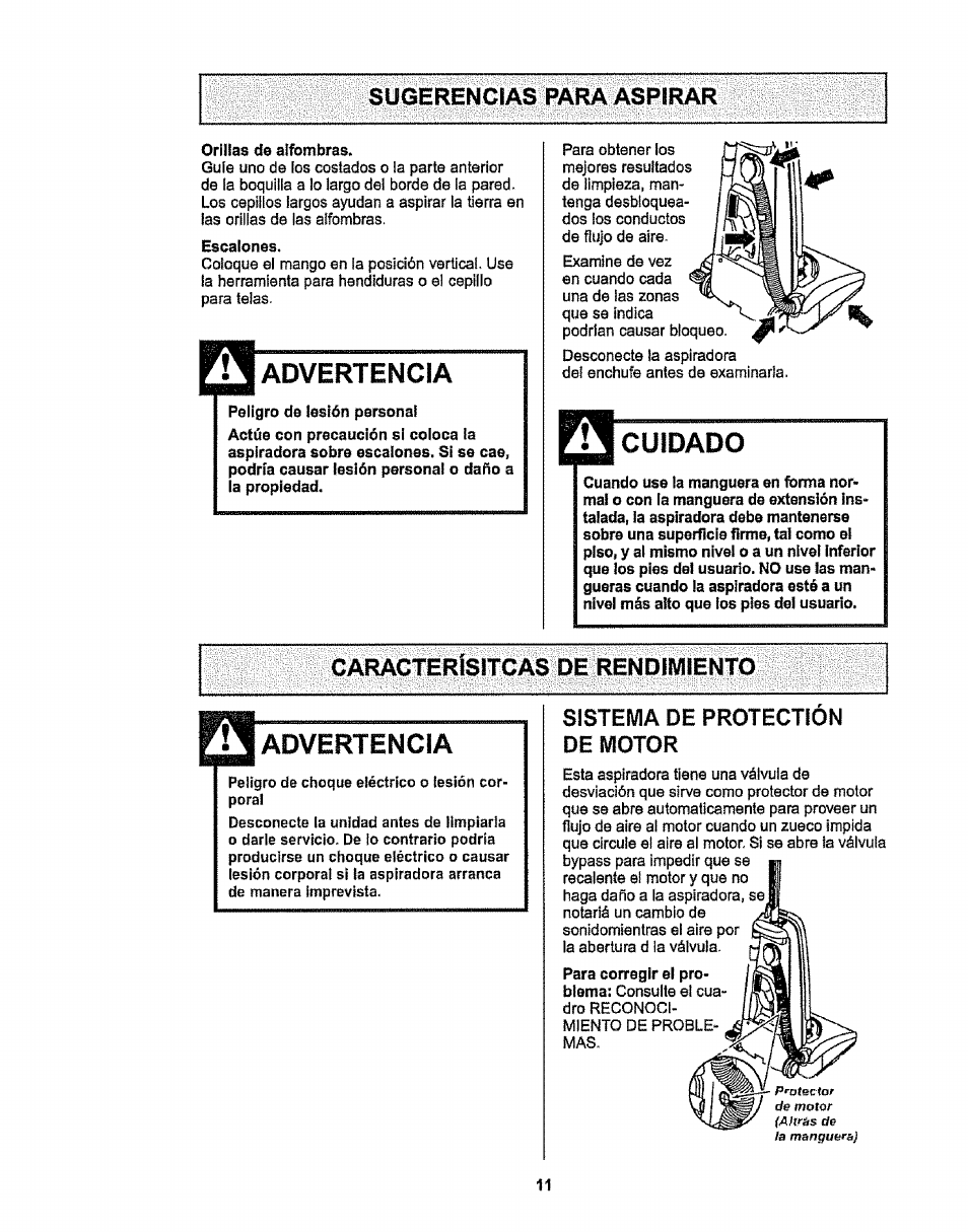 Sugerencias para aspirar, Caracterlsitcas de rendimiento, Advertencia | Cuidado | Kenmore 116.38412 User Manual | Page 34 / 46