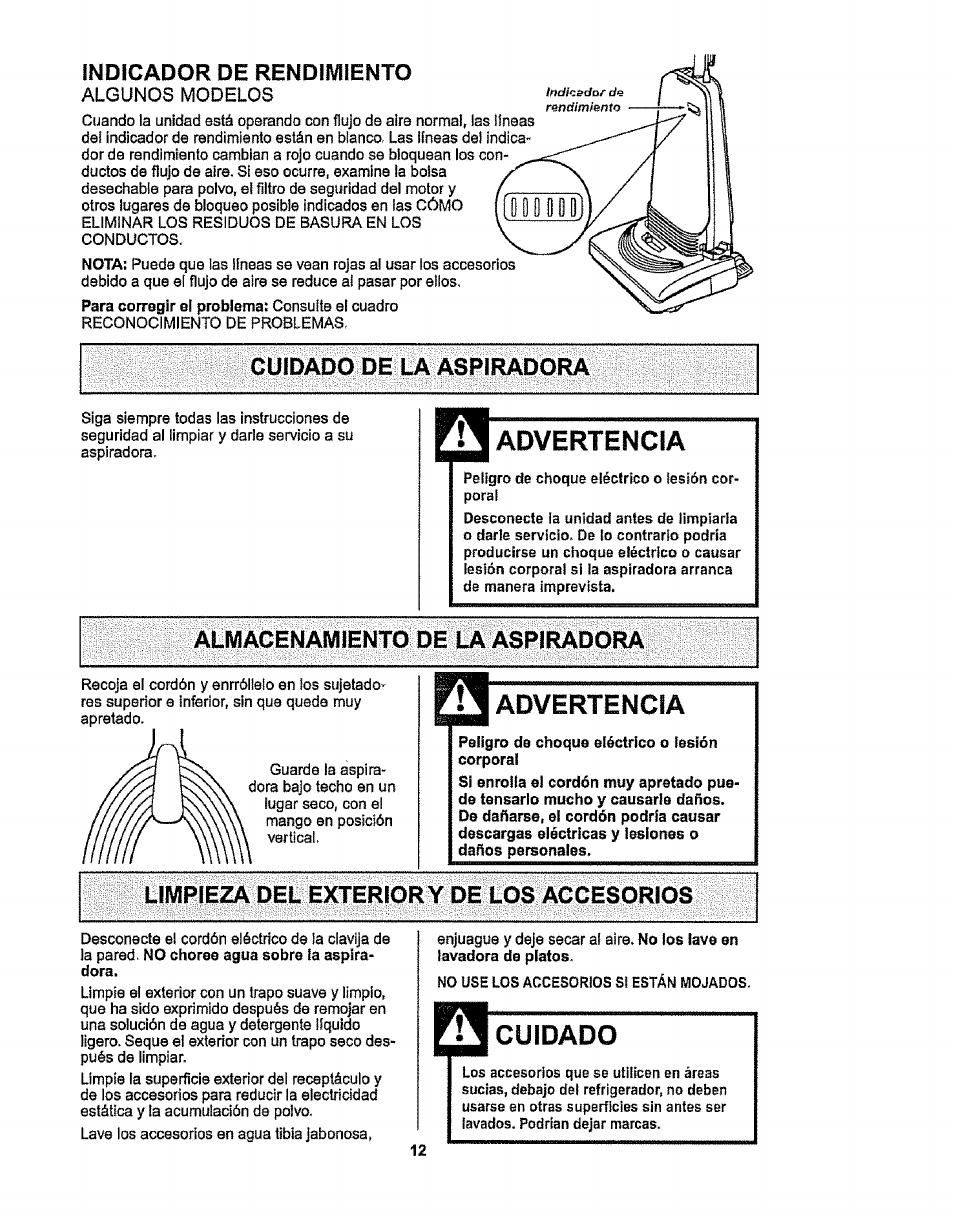 Indicador de rendimiento, Algunos modelos, Cuidado de la aspiradora | Advertencia, Almacenamiento de la aspiradora, Limpieza del exterior y de los accesorios, Cuidado | Kenmore 116.38412 User Manual | Page 35 / 46