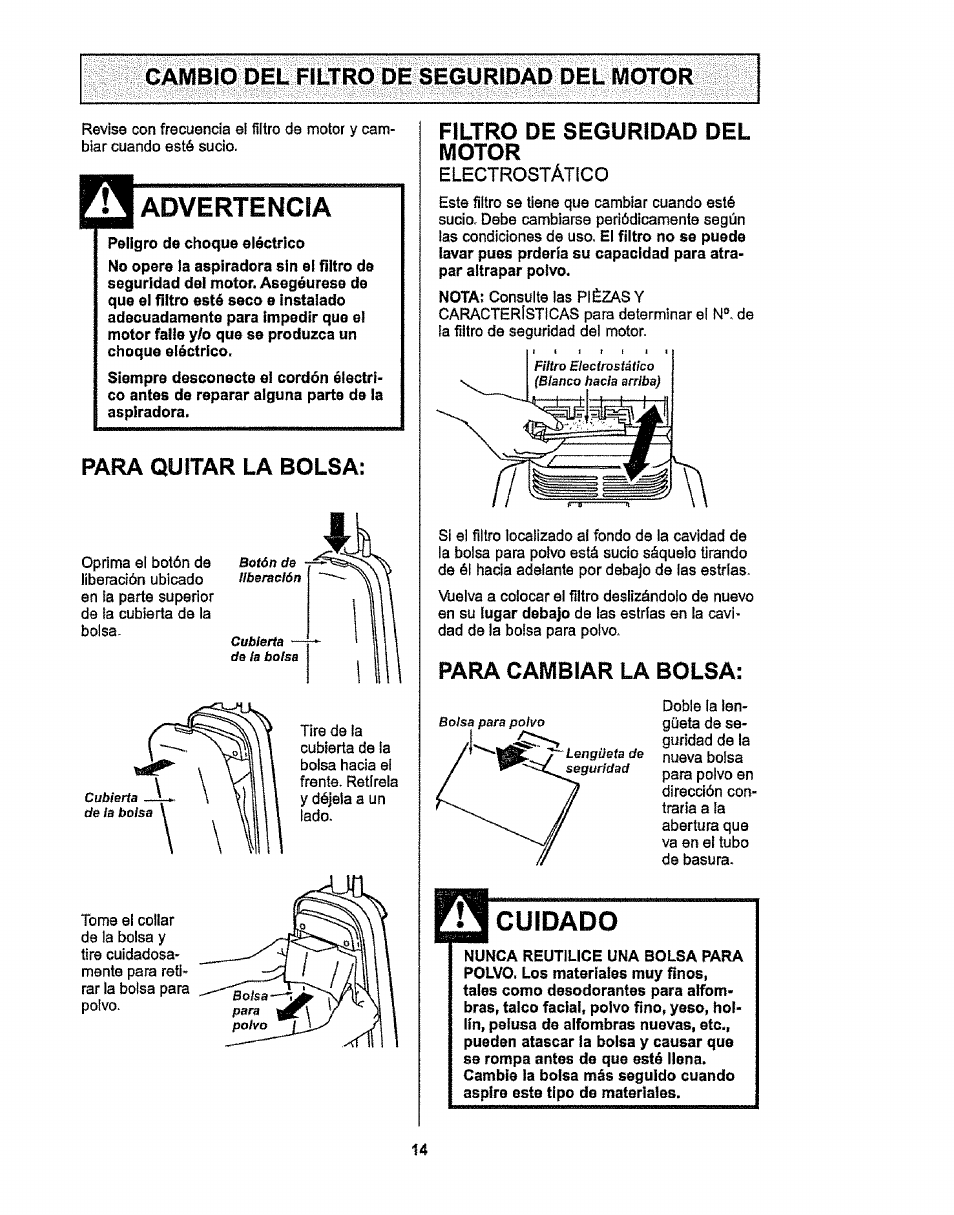 Cambio del filtro de seguridad del motor, Advertencia, Para quitar la bolsa | Motor, Para cambiar la bolsa, Cuidado, Filtro, Seguridad | Kenmore 116.38412 User Manual | Page 37 / 46