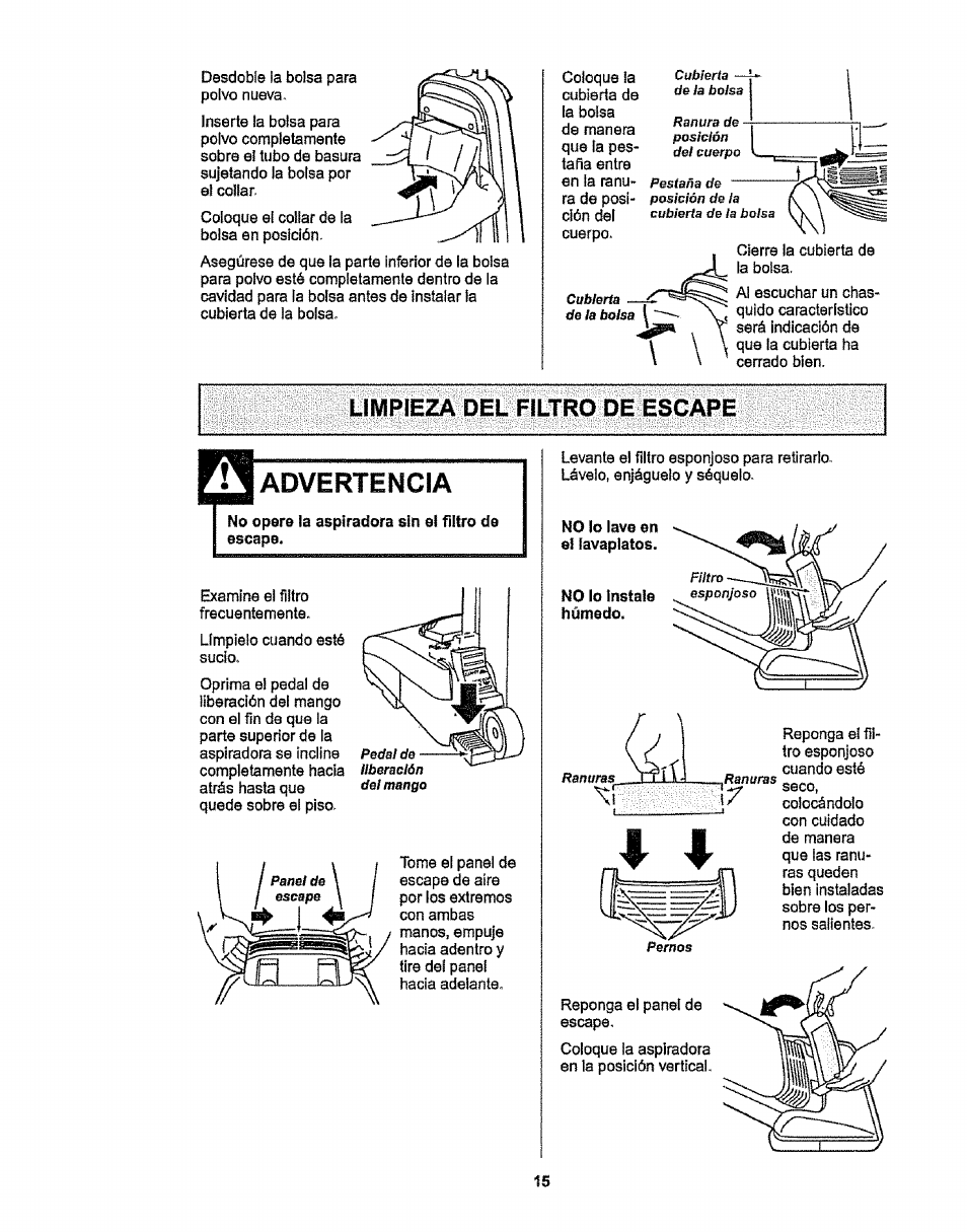 Limpieza del filtro de escape, Advertencia, Tome ei panel de | No lo instale húmedo, Que las ranu­ ras queden bien instaladas, Nos salientes | Kenmore 116.38412 User Manual | Page 38 / 46