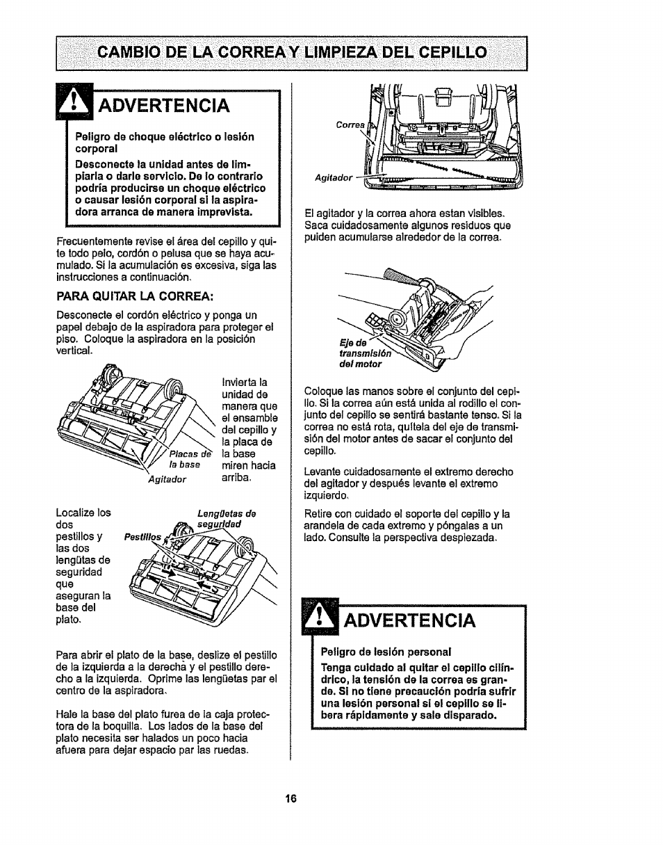 Advertencia, Para quitar la correa | Kenmore 116.38412 User Manual | Page 39 / 46