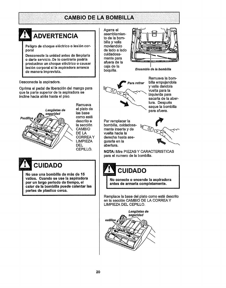 Cambio de la bombilla, Advertencia, Cuidado | Kenmore 116.38412 User Manual | Page 43 / 46